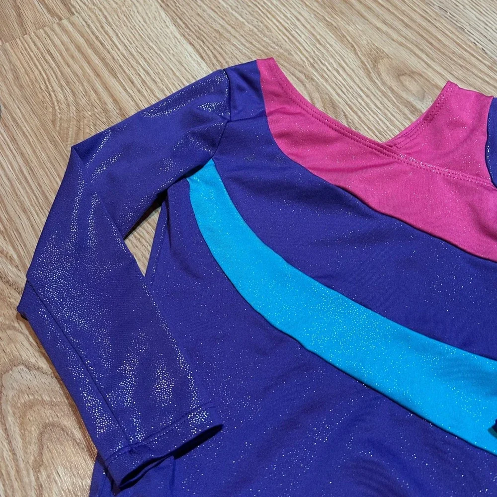 Girls Purple Sparkle Long Sleeve Gymnastics Leotard Pink Blue‎ Glitter Size 120